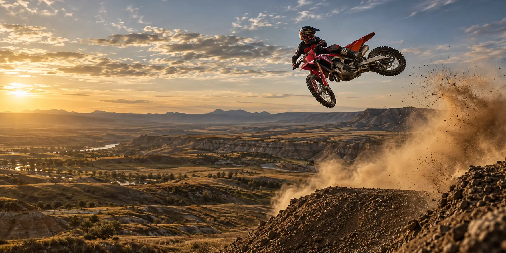 Motocross rider and red dirtbike soaring above a jump