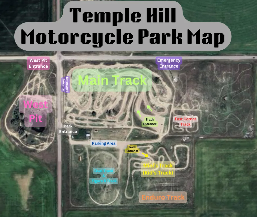 Club facility map showing the main track, West Pit, East Corner Track, kids’ track, enduro track, oval and parking