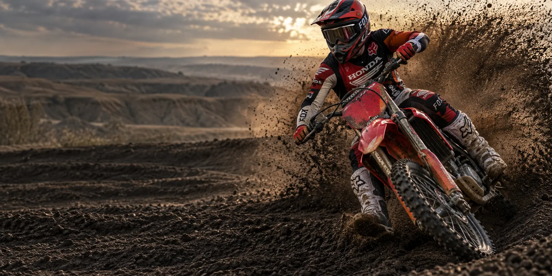 A rider on a red Honda motocross bike carving a dirt berm, with earth flying through the air
