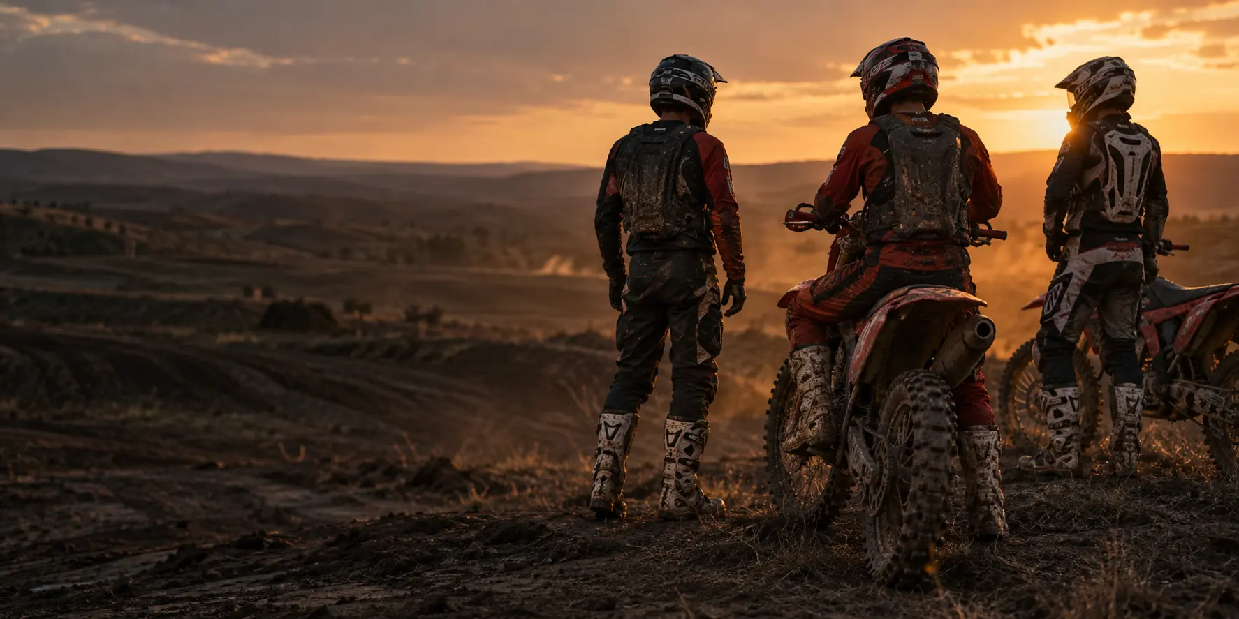 Dirtbike riders taking a break together beside their bikes
